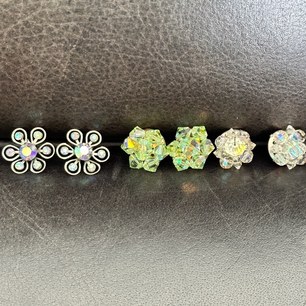 Three Pair Vintage 1960's Crystal Rhinestone Earrings for Pierced Ears